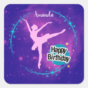 Adesivo Quadrado Feliz Aniversário Ballerina Galaxy Personalizado