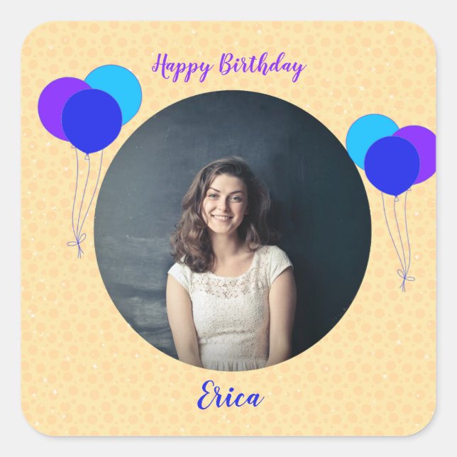 Adesivo Quadrado Feliz Aniversário Balões Personalizados Foto e Tex (Frente)
