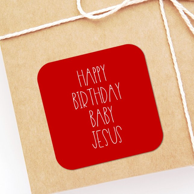 Adesivo Quadrado Feliz aniversário, bebê Jesus Vermelho (Criador carregado)