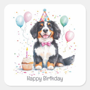 Adesivo Quadrado Feliz Aniversário Bernese Mountain Dog