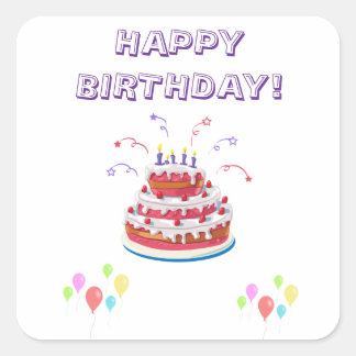Adesivo Quadrado Feliz aniversário Bolo Colorido Balões Vestidos