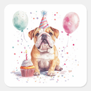 Adesivo Quadrado Feliz Aniversário Bulldog Inglês