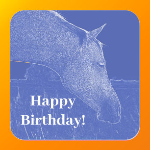 Adesivo Quadrado Feliz Aniversário Cabeça Azul de Cavalo