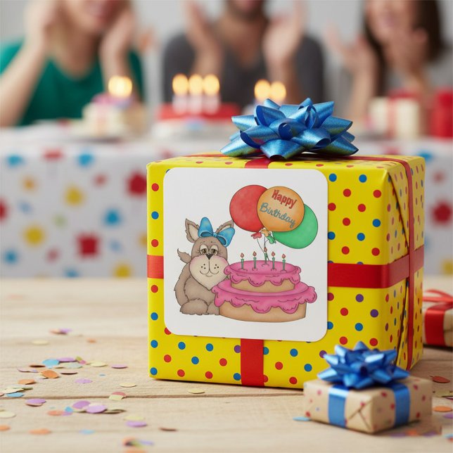 Adesivo Quadrado Feliz Aniversário Cachorro Bonito com Balões e Bol (Criador carregado)