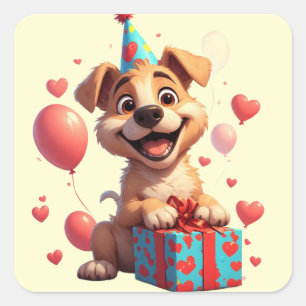 Adesivo Quadrado 🐶 Feliz Aniversário Cachorro Com Balões De Presen