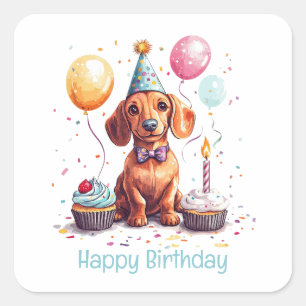 Adesivo Quadrado Feliz Aniversário Cachorro Dachshund 