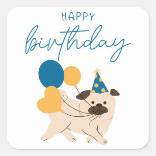 Adesivo Quadrado Feliz Aniversário Cachorro e Balões Simples Aniver