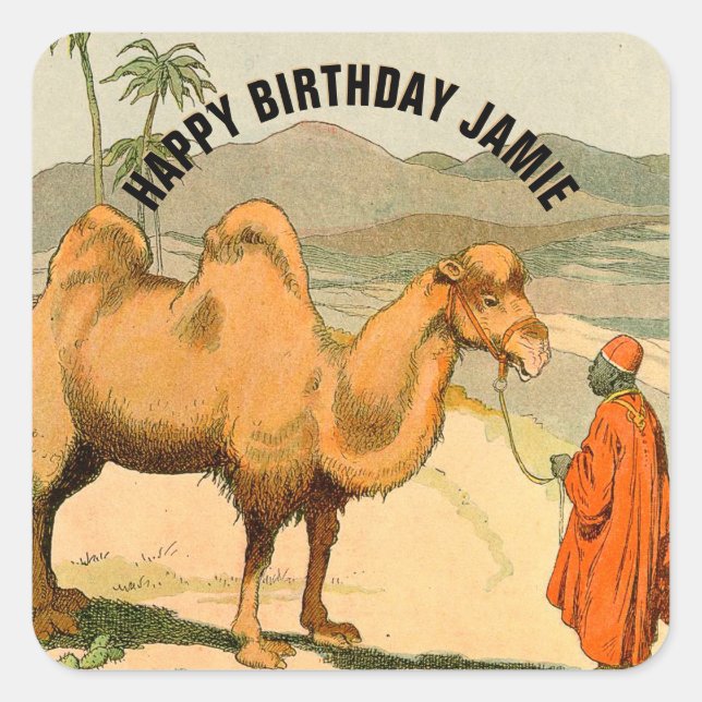 Adesivo Quadrado Feliz Aniversário Camel Ilustrado (Frente)