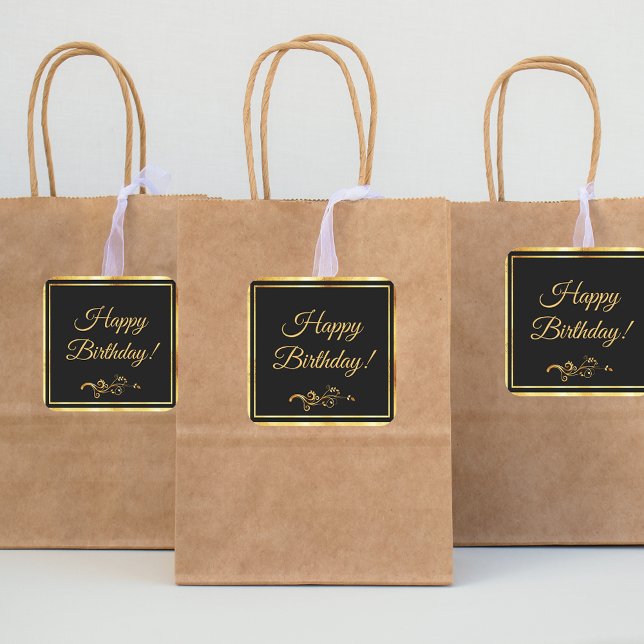 Adesivo Quadrado Feliz aniversário, cara elegante de ouro negro (Criador carregado)