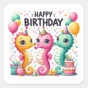 Adesivo Quadrado Feliz Aniversário Cavalos-Marinhos Fofos Celebrand