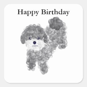 Adesivo Quadrado Feliz Aniversário Cinza Poodle #1 Stickers