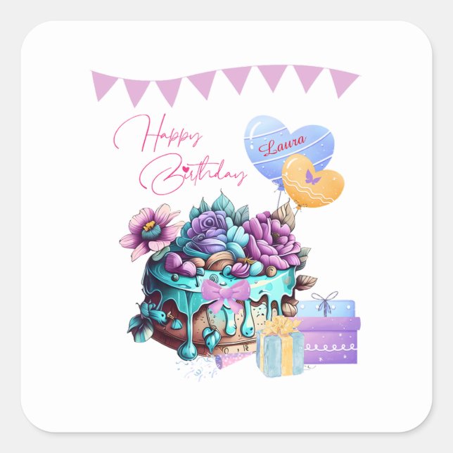 Adesivo Quadrado Feliz Aniversário Clássico Balões de Bolo (Frente)