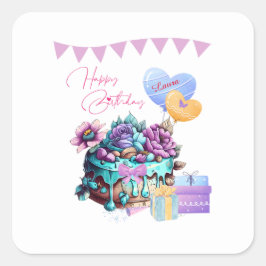 Adesivo Quadrado Feliz Aniversário Clássico Balões de Bolo