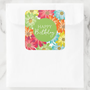 Adesivo Quadrado Feliz Aniversário Colorida Flores de primavera