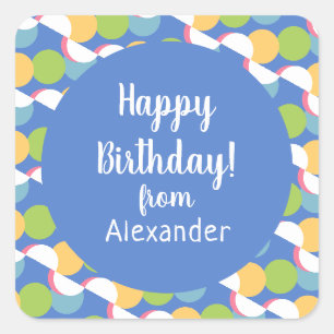 Adesivo Quadrado Feliz Aniversário Colorido do Nome Azul