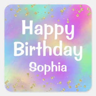 Adesivo Quadrado Feliz Aniversário Colorido Dourado do Unicórnio