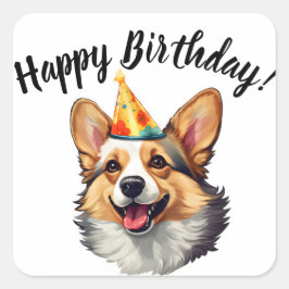 Adesivo Quadrado Feliz aniversário, cone Corgi