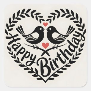 Adesivo Quadrado Feliz Aniversário Coração com Gráfico de Pássaros