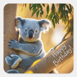 Adesivo Quadrado Feliz Aniversário, Cute Koala Bear Stickers