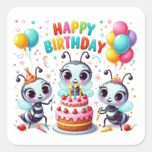 Adesivo Quadrado Feliz Aniversário das Abelhas Fofas Celebrando