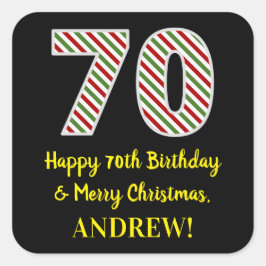 Adesivo Quadrado Feliz aniversário de 70 e feliz Natal, nome person
