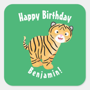 Adesivo Quadrado Feliz aniversário de animação de tigre
