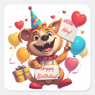 Adesivo Quadrado Feliz Aniversário de Cachorrinho Com Balões 🎂
