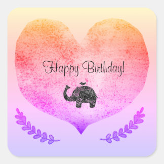 Adesivo Quadrado Feliz Aniversário de Elefante Brilhante