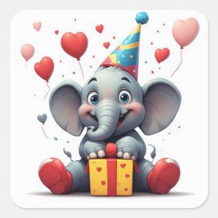 Adesivo Quadrado Feliz Aniversário de Elefante Com Balões 🐘