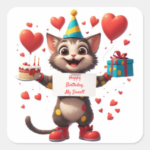 Adesivo Quadrado Feliz Aniversário de Gatinho Com Balões 🎁