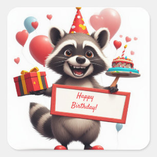 Adesivo Quadrado Feliz Aniversário de Guaxinim com Balões 🎁