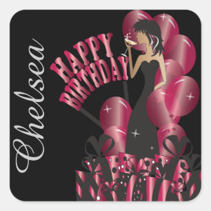 Adesivo Quadrado Feliz aniversário Diva Girl DIY Name Ruby Red