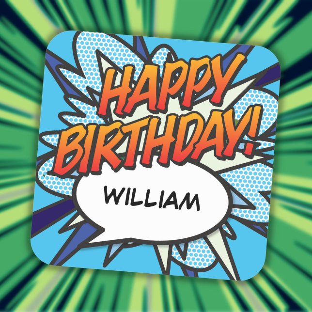 Adesivo Quadrado FELIZ ANIVERSÁRIO Diversão de Fala Diversão de Bol (HAPPY BIRTHDAY Speech Bubble Fun Retro Comic Book Square Sticker)