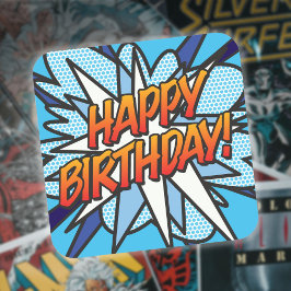 Adesivo Quadrado FELIZ ANIVERSÁRIO Diversão Retro Quadrinhos