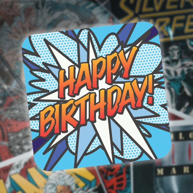 Adesivo Quadrado FELIZ ANIVERSÁRIO Diversão Retrorna BD (HAPPY BIRTHDAY Fun Retro Comic Book Square Sticker)