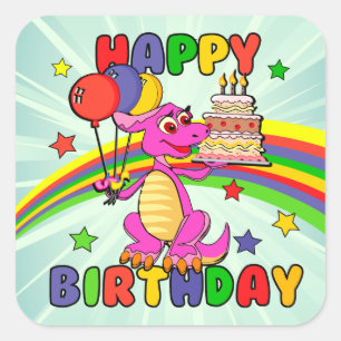 Adesivo Quadrado Feliz aniversário do dinossauro das Crianças