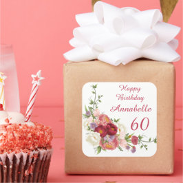 Adesivo Quadrado Feliz Aniversário do Flor de Pênia Branca Rosa 
