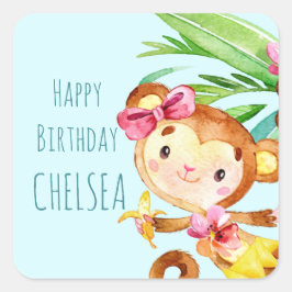 Adesivo Quadrado Feliz Aniversário do Macaco Azul-Cinto Personaliza