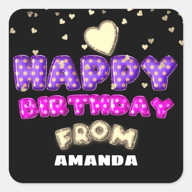 Adesivo Quadrado Feliz Aniversário Do Nome Balões Cor-de-Rosa Doura (Frente)