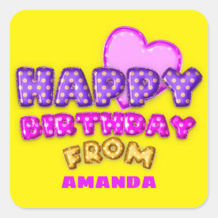 Adesivo Quadrado Feliz Aniversário Do Nome Balões Rosa Cartoons