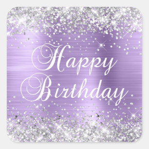 Adesivo Quadrado Feliz Aniversário do Silver Glitter Light Purple