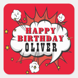 Adesivo Quadrado Feliz Aniversário do Super Herói Discurso Bble B
