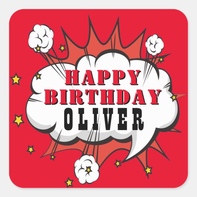 Adesivo Quadrado Feliz Aniversário do Super Herói Discurso Bble Boy (Frente)
