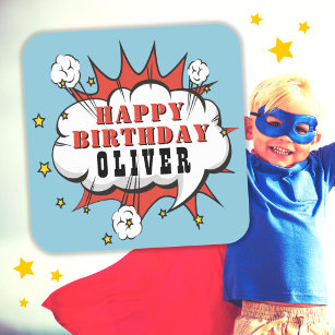 Adesivo Quadrado Feliz Aniversário do Super Herói Discurso Bble Boy