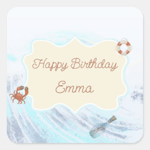 Adesivo Quadrado Feliz Aniversário do Tema Oceânico Personalizado c