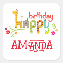 Adesivo Quadrado Feliz Aniversário dos Carateres de Animais Colorid