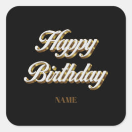 Adesivo Quadrado Feliz Aniversário, Dourado e Elegante Tipografia, 