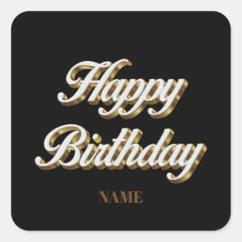 Adesivo Quadrado Feliz Aniversário, Dourado e Elegante Tipografia, 