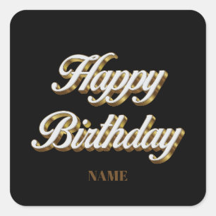 Adesivo Quadrado Feliz Aniversário, Dourado e Elegante Tipografia,