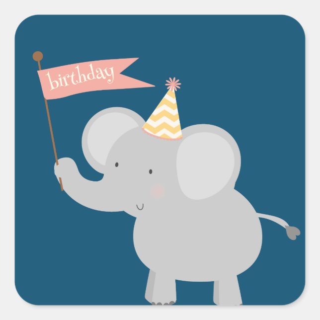 Adesivo Quadrado Feliz Aniversário Elefante (Frente)
